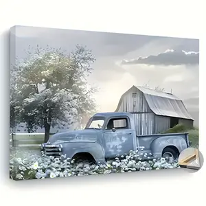 [Flat] Vintage Farmhouse Truck Canvas Mural-Blue Trailer with XINGX, Aging Barn and Snow Scenery, Pine Frame 1.5 Inches Thick, Country Antique Decoration, Suitable for Home Or Office, Farmhouse Decoration