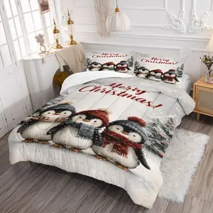 Cute Cartoon Penguin Print Bedding Set, Includes 1 Quilt and 1/2 Pillowcases, Full Size Bedroom Decor, Cozy and Stylish