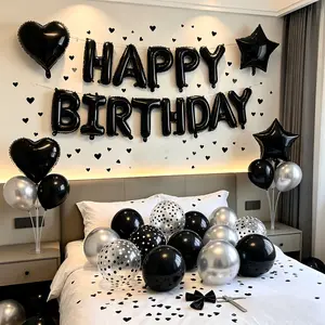 16-in Thick Minimalist Birthday Balloon Decor Set - Metallic Foil Letters, Hearts, Stars, Confetti Latex Pieces, Garland, Wall Accents, Hall Photo Supplies for Adult Celebrations (Black-251pcs) Bedroom Decor