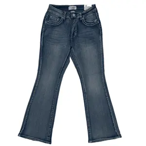 Curvy Plus Size Women Denim Western Embroidered Flare Jeans with Rhinestone Studs Button in Medium Light Blue Sand Wash Mid Rise Vintage Embroidery Bell Bottom Bootcut Jeans Pants with Feather Wings Flower Patterns