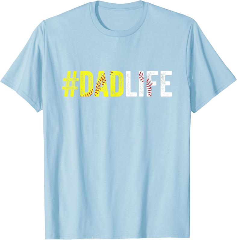 Dad Life Softball Daddy Baseball Sports Lover Father's Day Men's Letter Print Solid Round Neck Tee, Regular Fit Casual Short Sleeve T-shirt, Graphic Summer Outfits, Daily Outdoor