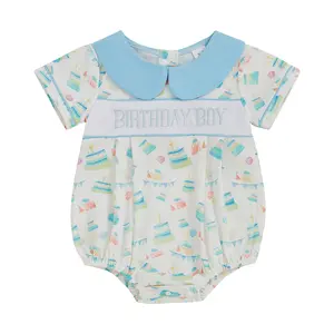 Baby Boy First Birthday Outfit Short Sleeve Doll Collar Cake Print Embroidery Letters Summer Bodysuit Clothes for Birthday