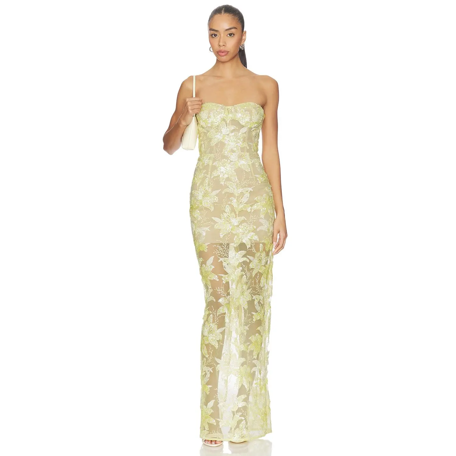 Bronx Banco Daffodil Sequin Dahlia Strapless Maxi Dress in Buttery Yellow