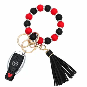 Luckybay Key Ring Bracelet for Women, Silicone Beaded Wristlet Keychain with Leather Tassel, Stretch Car Key Holder for Car Keys, Purse and Wallet