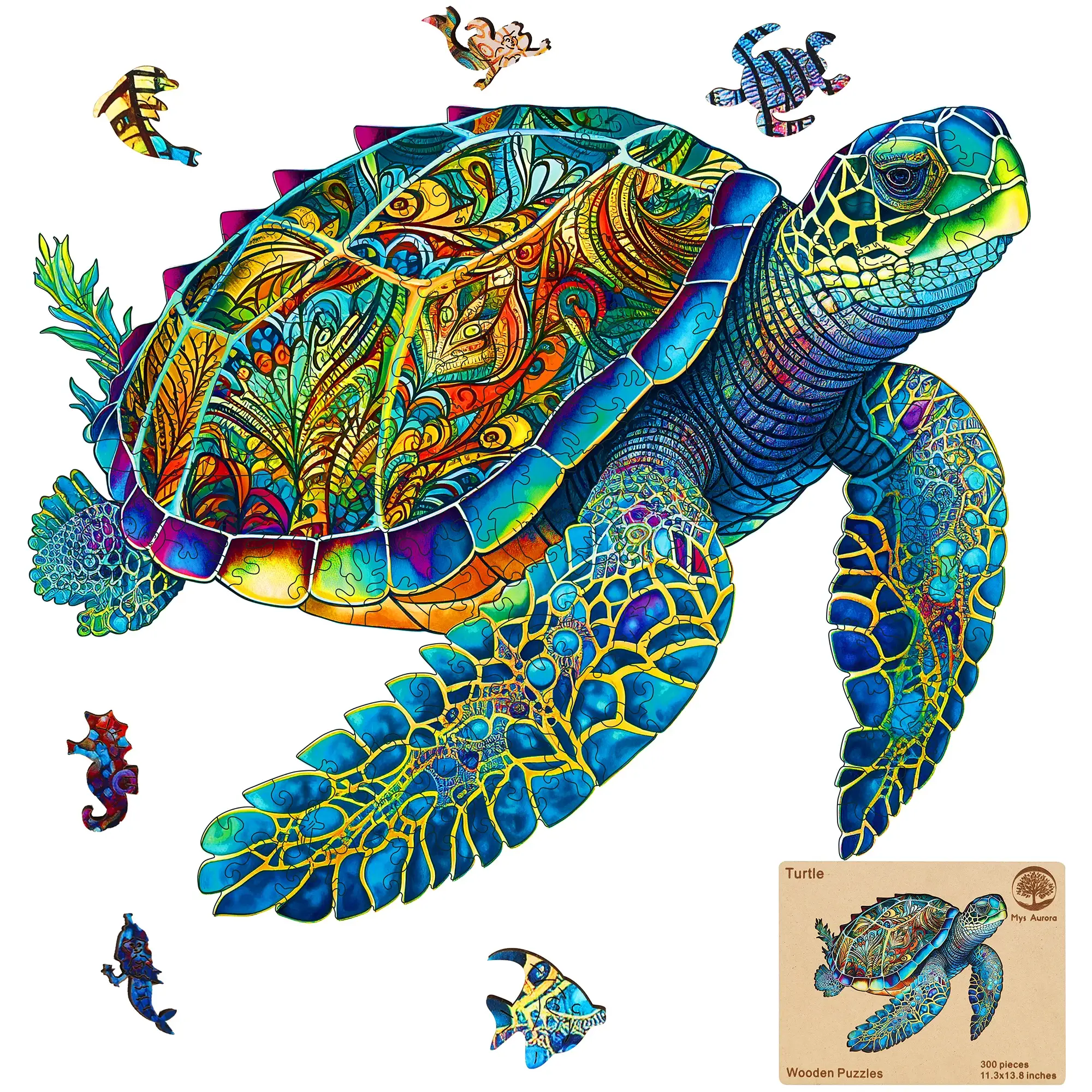 Mys Aurora Unique Wooden Puzzles Sea Turtle Jigsaw Puzzle 200 Pieces HDF Wooden Puzzle with Vivid Art and Imaginative Design for Adults and Kids Craft