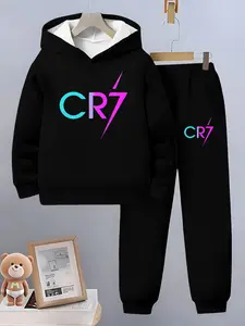 Children Neon Cr7 Olive Star Shape Sports Set, Boys Kids Hoodie Sweatshirts & Sweatpants 2 Piece, Casual Football, Ages 5-14