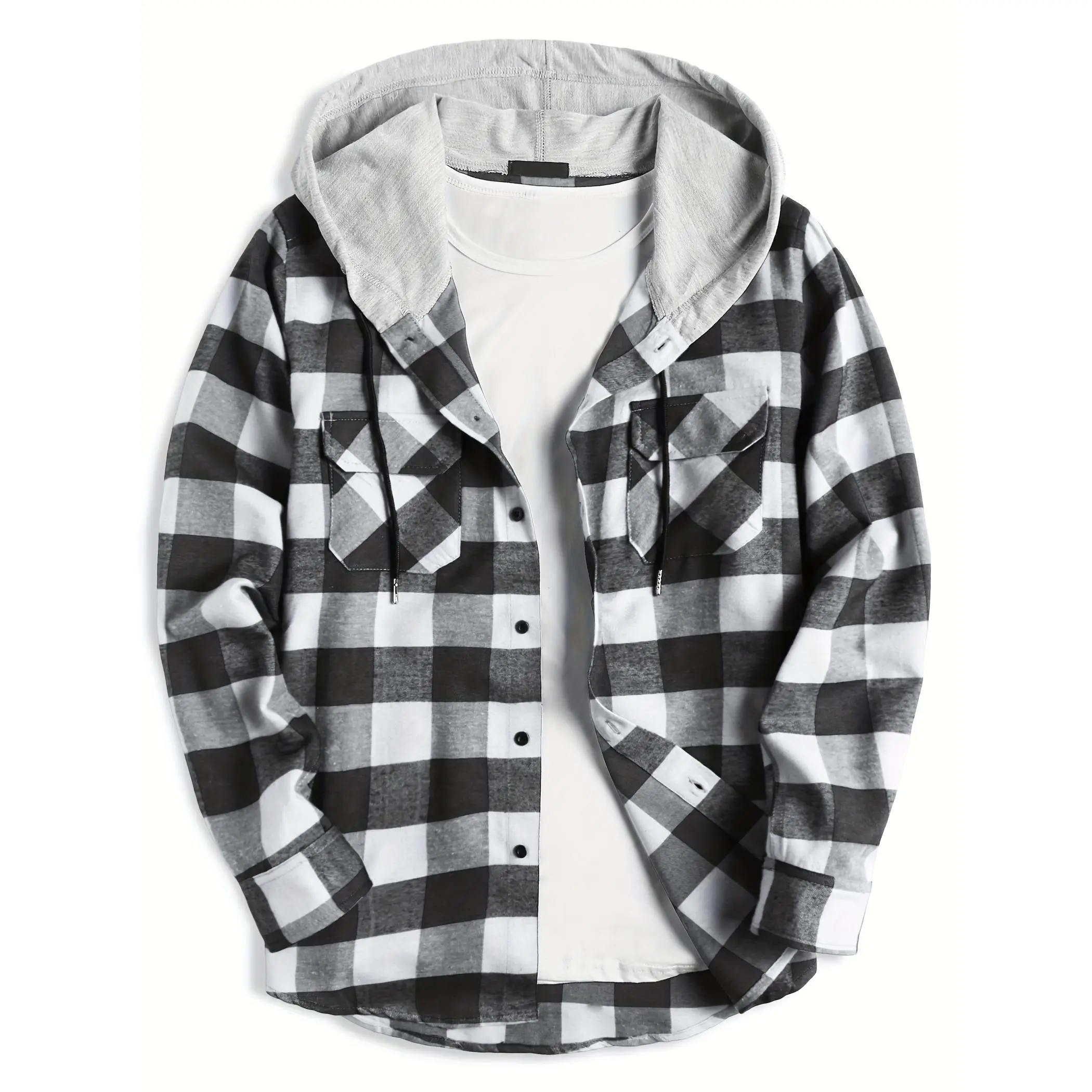 Men's Plaid Hooded Flannel Jacket - Long Sleeve, Button-Front, Casual Fashion Menswear with Stretch Fabric, Basic Hem, Checked, Cotton