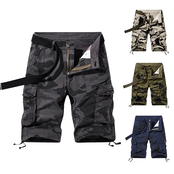 Men’s multifunctional cargo shorts available in four camouflage color options, featuring adjustable drawstring cuffs at the hems and multiple secure storage pockets; durable and breathable—ideal for camping, hunting, travel, fishing, and various outdoor a