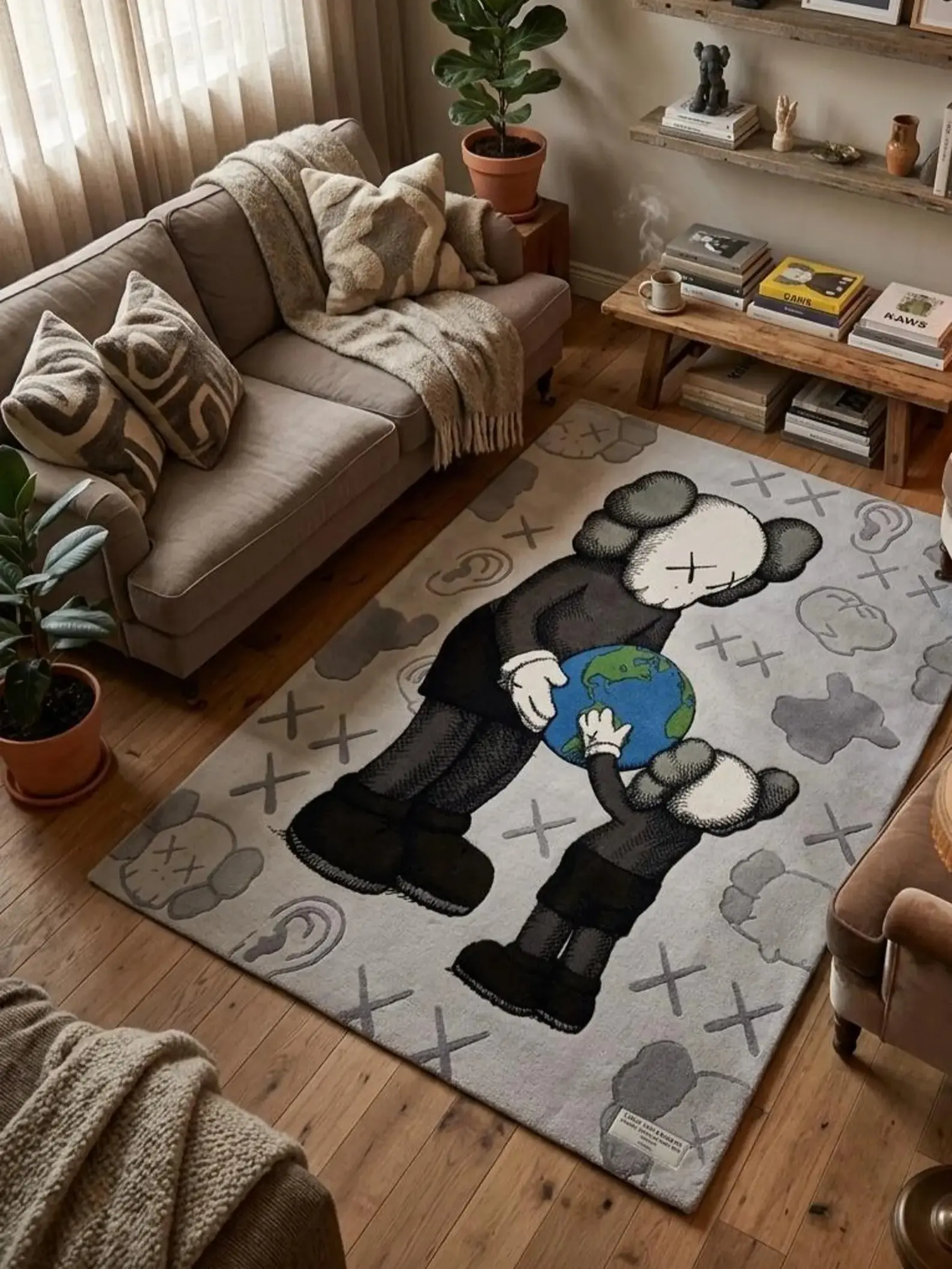 Grey KAWS Inspired Hand Tufted Wool Rug, Grey Hypebeast Decor, Pop Art Abstract Carpet, Grey Hypebeast Decor