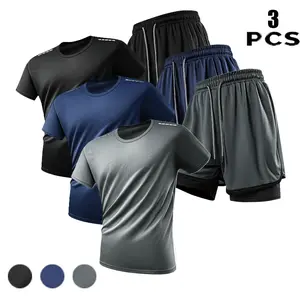 Men’s moisture-wicking T-shirt and 2-in-1 lined shorts set, quick-dry breathable mesh athletic training apparel with elastic drawstring, available in multiple colors