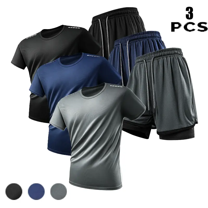 Men’s moisture-wicking T-shirt and 2-in-1 lined shorts set, quick-dry breathable mesh athletic training apparel with elastic drawstring, available in multiple colors