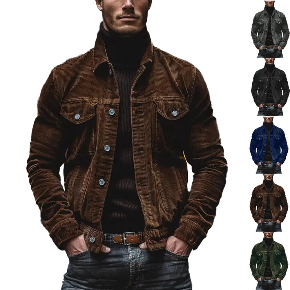 Men’s Corduroy Trucker Jacket, Button Front Regular Fit Casual Coat, Vintage Ribbed Fall Winter Outerwear for Outdoor Daily Wear and Weekend