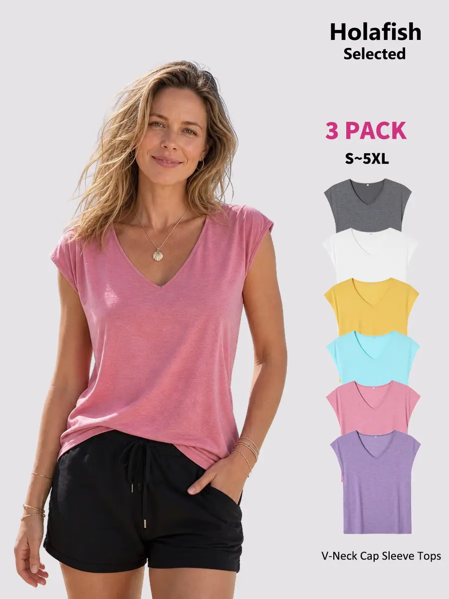 Holafish Women's 3-Pack V Neck Cap Sleeve Tops, Cotton Blend Multi Color, Lightweight Breathable, Summer Casual Outfit for Beach Gym and Everyday Trendy Wear summerwins