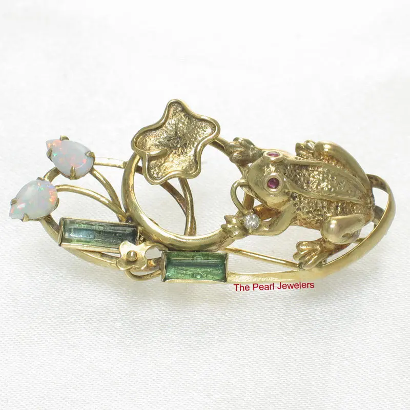 14K Solid Yellow Gold Genuine Opal & Emerald Brooch / Pendant