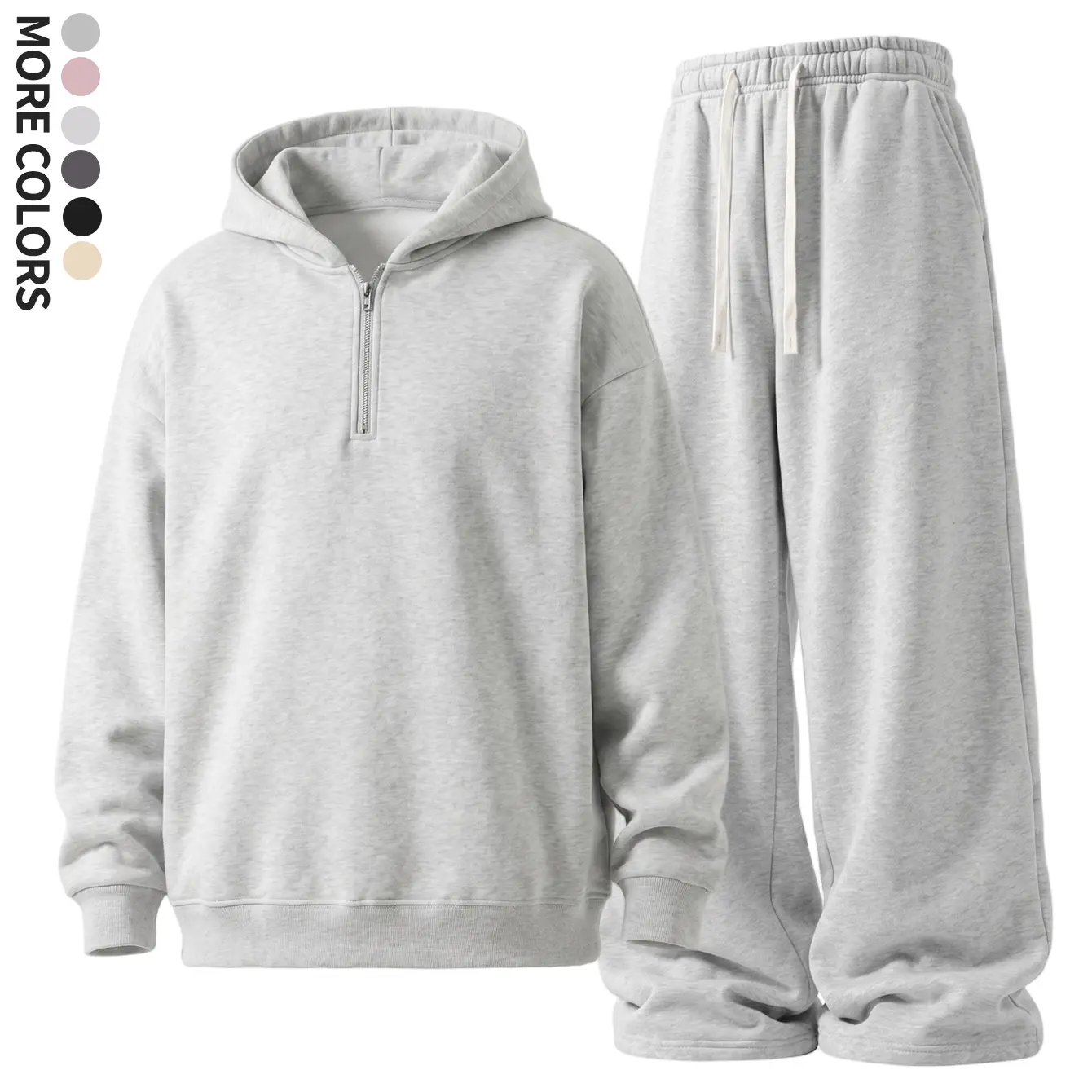 Men's 2-Piece Casual Cotton Blend Sweatset - Half-Zip Hooded Top, Wide-Leg Drawstring Pants with Drapey Feel, Light Floral Gray, for Everyday Wear & Commuting, Casual Ootd, Outfit Inspiration, Sweatset Style, Gray Sweats Style