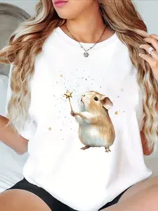 Women' Cute Guinea Pig T-Shirt - Short Sleeve Round Neck Blouse Lightweight Semi-Sheer Casual Top with Guinea Pig & -Line Silhouette Machine Washable Spring Summer Casual Attire for Pet Lovers (Guinea Pig Outfit)