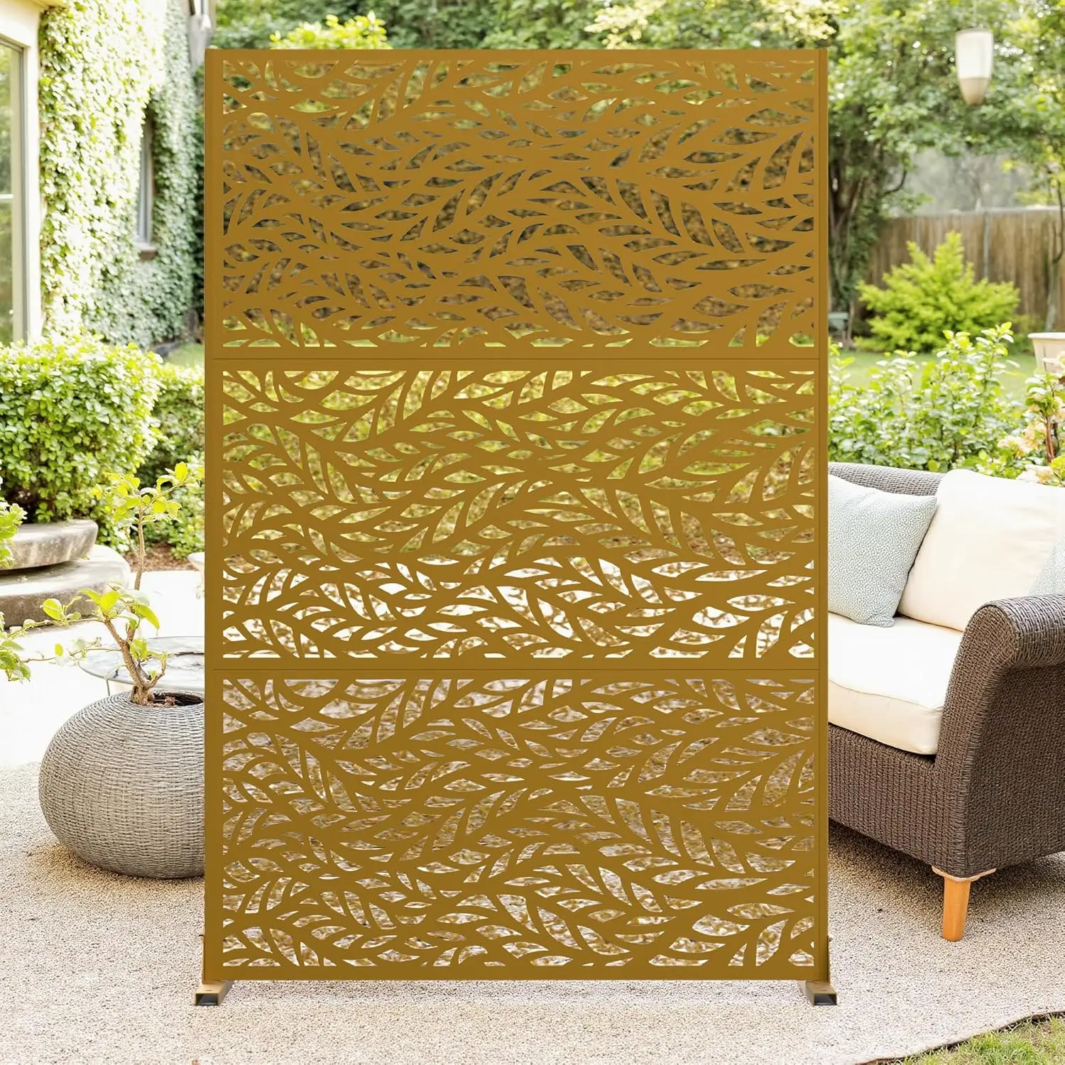Brown Outdoor Metal Privacy Screen 72" H x 47" W, Freestanding Decorative Fence and Room/Garden Divider with Stand, Weather-Resistant Privacy Screens and Panels for Patio Lawn Garden Deck Balcony,3-Panel/Leaves