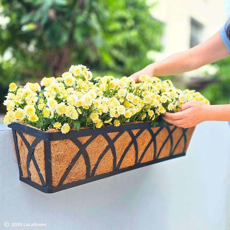 LaLaGreen Railing Planter Boxes (24 Inch, 2 Pack) Black Metal Rectangular Window Flower Box with Coco Liner, Hanging Planters for Outdoor Plants Bracket Holder Deck Rail Fence Balcony Porch Garden