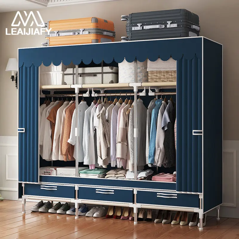 LEAIJIAFY Portable Large-Capacity Wardrobe Organizer, Sturdy and Durable, with Three Hanging Rods, Three Shelving Spaces, and Three Drawers, Suitable for Bedrooms and Dormitories