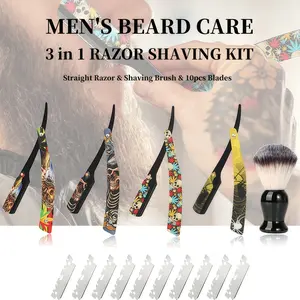 Men's Beard Care Kit - 3-in-1 Straight Razor Shaving Set with 10 Blades & Shaving Brush - Durable Stainless Steel Barber Gift for Dad Boyfriend