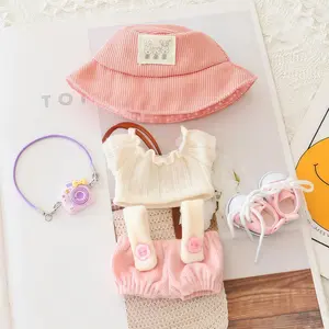 Clothes for 17cm LaBu 5 Piece Brown Outfit Set with Hat Overalls Bib Pants and Shoes Cute Stylish Doll Clothing Accessories Replacement (Doll Not Included)