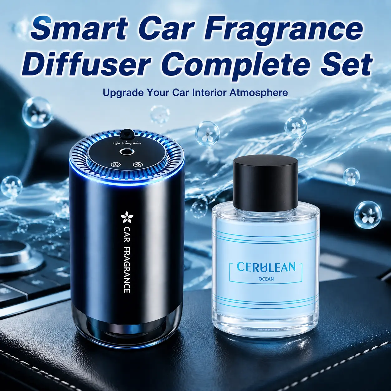 Smart car diffuser air freshener, intelligent on/off, 3 adjustable mist levels, USB charging, aromatherapy essential oil included, compact car fragrance diffuser settings.