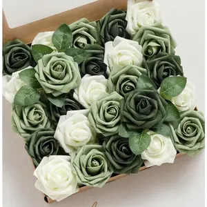 50pcs Roses + 8pcs Leaves Artificial Flowers Green Mix Roses Decor w/ Stems, 3" Real Touch DIY Foam Rose Floral for Wedding Bouquet/ Centerpieces, Party Holiday Baby Shower Flower, Outdoors Party Backdrop, Room/ Table, Home Garden/ Pot Decor