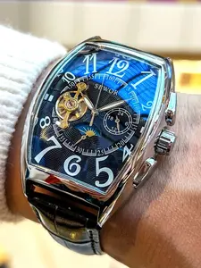 Top luxury men's business mechanical watch, new barrel shaped high aesthetic fashionable casual simple handsome social young man's watch fully automatic mechanical watch, hollow design, fashionable accessories, the best gift for boyfriend and husband on V