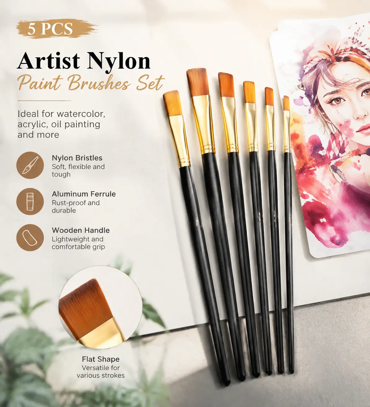 Back to school shopping 5‑Pack Nylon Artist Paint Brushes Set, Professional Multi‑Size Art Brushes for Watercolor Acrylic Oil Painting, Student Art Painting Supplies