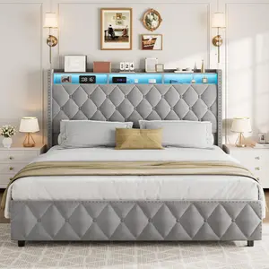 Velvet Upholstered Queen/King Platform Bed with 50.8 Inch Tall Headboard, Integrated LED Lights and USB Charging Station, Spacious Bed Frame Featuring 4 Convenient Storage Drawers, Sturdy Structure with Easy Assembly No Box Spring Needed