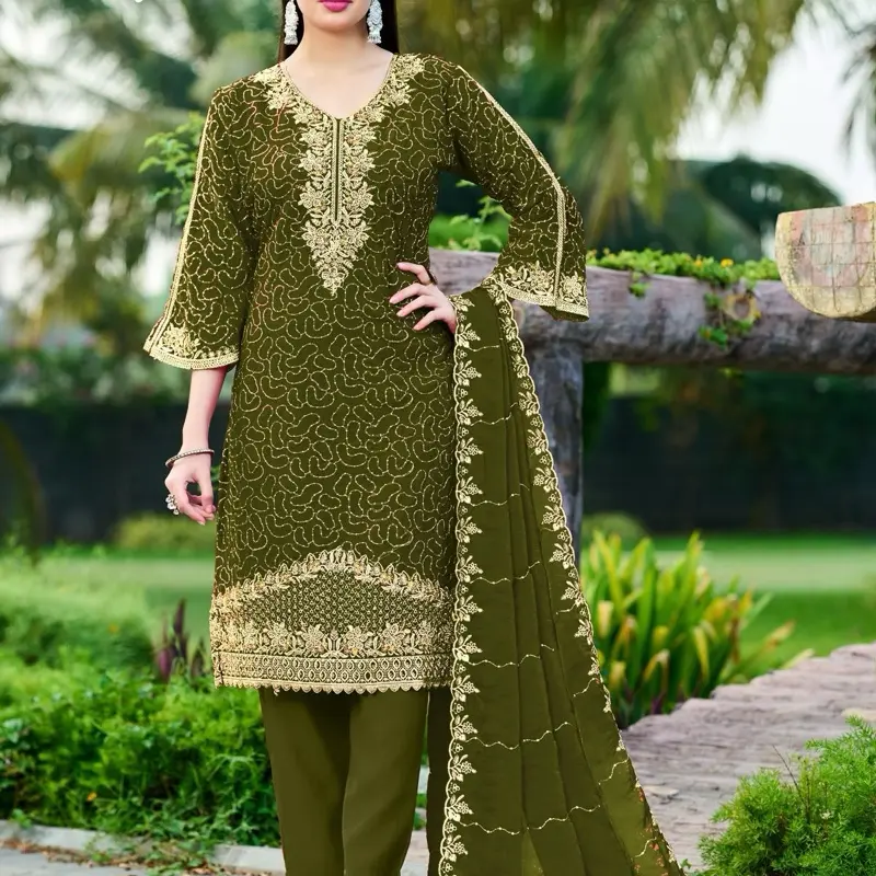 Pakistani Style 3pcs Salwar Suit Size 42 Mehendi Green Ready Made FANDY Top SILK STICH Bottom Ruisson Plazo Dupatta Elegant Traditional Fit