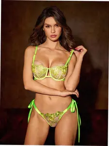 2 Piece Lingerie Set Neon Lime Embroidered Bow Detail Romantic Date Night