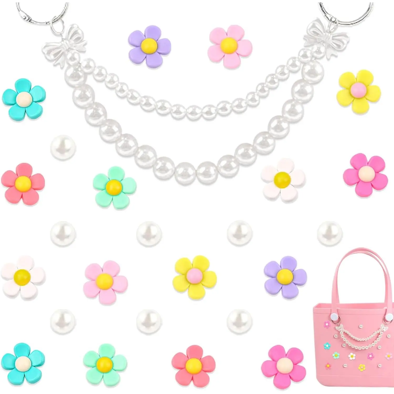 h-33  Charms for Bogg Bag, Pearls and Flowers for Bogg Bag Accessories Compatible with Simply Southern Beach Bag Tote, Insert for Rubber Beach Tote Accessories (25 Pcs)