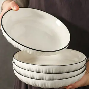 4 Pcs Ceramic Dinner Plates, Modern Round Deep Bowls, 7 Inch & 8 Inch, Salad & Dessert Dishes, Kitchenware for Home, Dorm, Restaurant