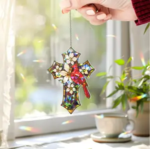 Cardinal Memorial Cross Suncatcher Holographic Acrylic Remembrance Gift