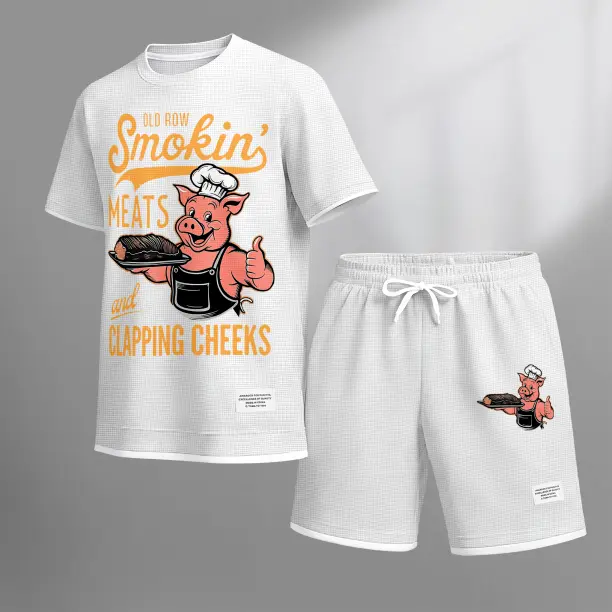 Men’s BBQ & Party Graphic Print Short Sleeve Shirt and Drawstring Shorts Set, Casual Summer Two-Piece Outfit, Lightweight Breathable Relaxed Fit Sportswear for Daily Wear, Beach, Vacation, Travel, Outdoor Party and Loungewear