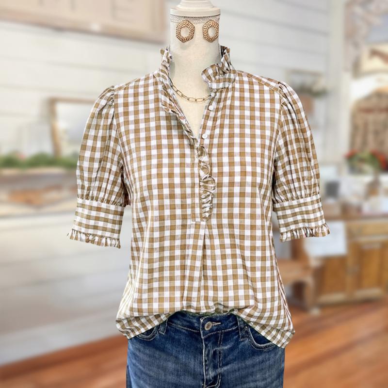 100% Cotton Green/Khaki/Red/Blue Gingham Check Shirt with Ruffle Neckline & Puff Sleeves Medium Length Women's Fashion Top Runs Large