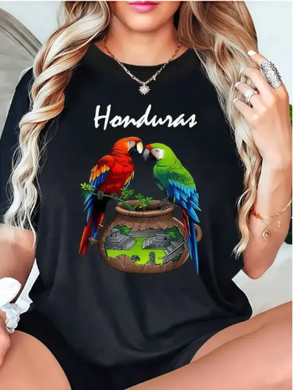 “Honduras” Parrots & Cultural Landscape Tee, Central American Heritage T - Shirt