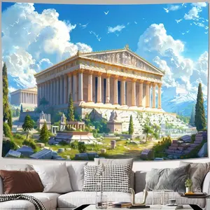 Polyester Fabric Tapestry with Ancient Greek Parthenon Design, Versatile Wall Hanging for Living Room, Bedroom, and Office Home Decor