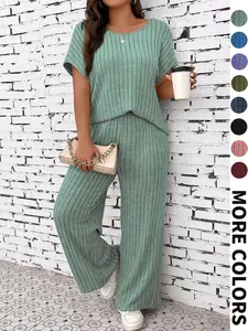 Plus Size Women's Long Pants Set, Womenswear, Casual Loose-Fit Knit Fabric, Moderate Thickening, Fall & Winter, Comfortable Daily Wear