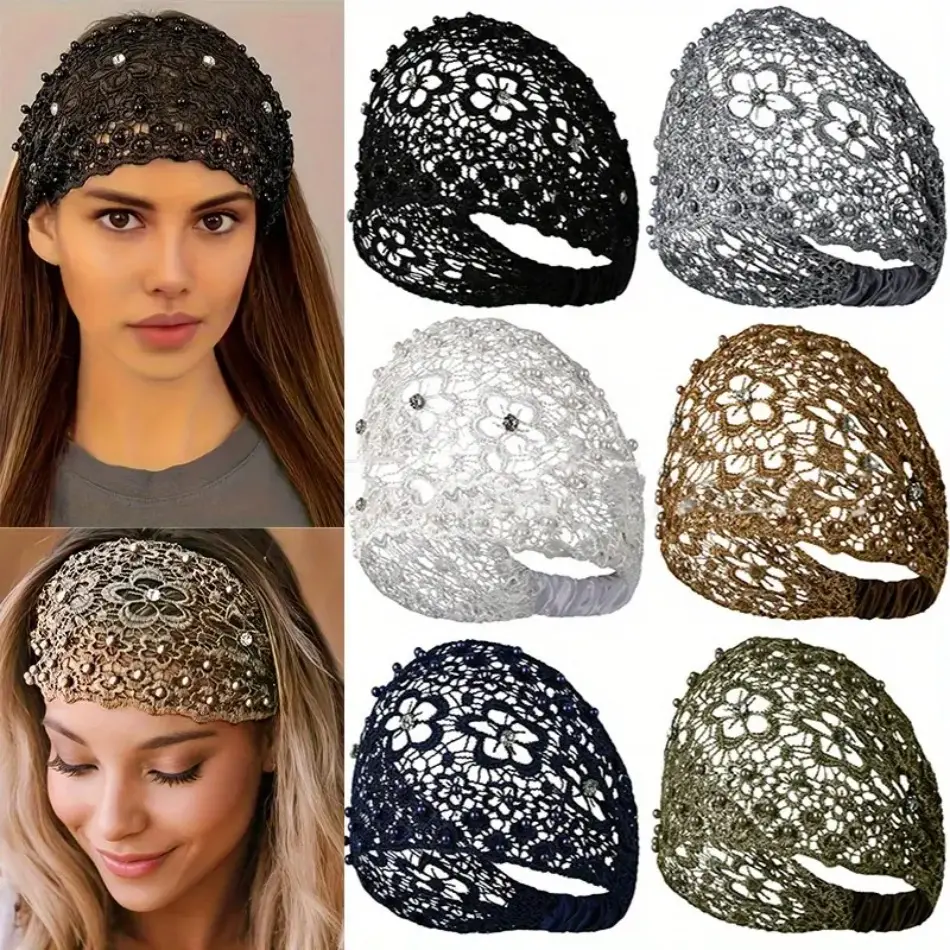 6Pcs Vintage Ethnic Floral Bead Lace Headband with Wide Edges, Fashionable Hair Accessories, Bohemian Casual Hair Accessories, Suitable for Various Occasions, Christmas, Thanksgiving, New Year Gifts headbands,headbands for women,grad cap headbands, tiktok