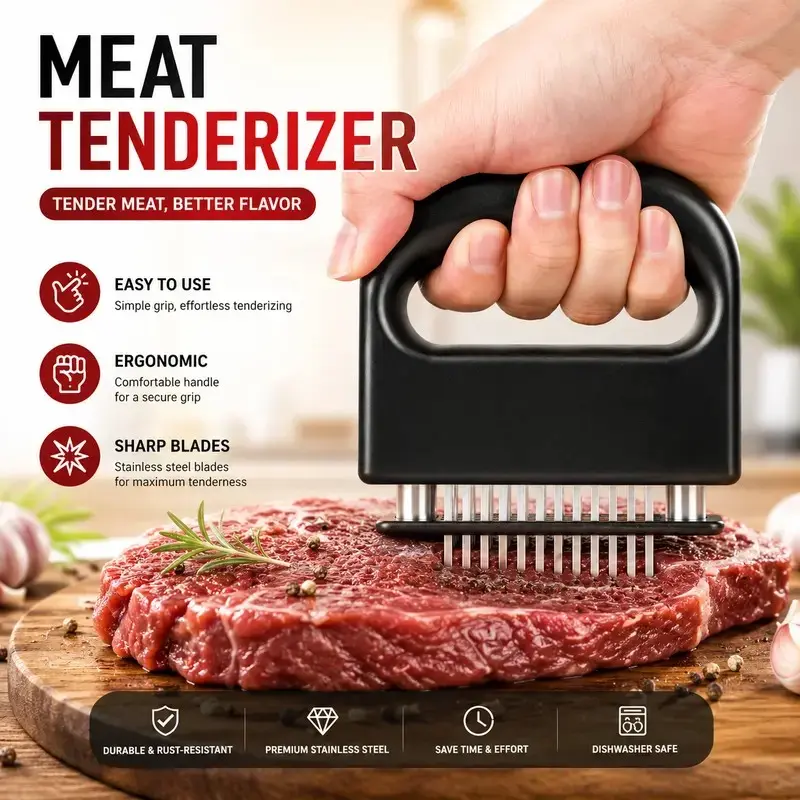 48-Pin Stainless Steel Meat Tenderizer with Retractable Safety Cover, Non-Slip Handle Detachable Design, Fast Marinade Absorption for BBQ Steak Pork Chicken