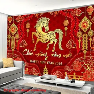 1PC,2D Flat 2026 New Year Decorative Backdrop, Year of the Horse Themed Red & Gold Pattern Tapestry, Spring Festival Party Photo Background, Home Living Room Festival Atmosphere Decoration, Temple