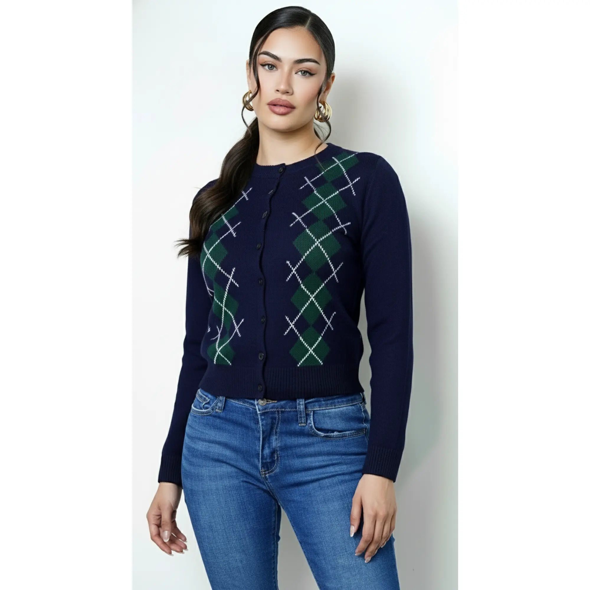Mirex Argyle Knit Cardigan - Navy