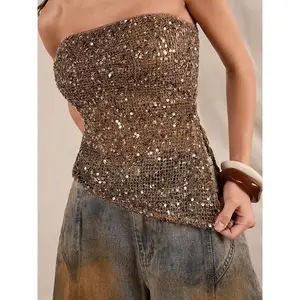 Mesh camisole sleeveless top with sequin patch design, retro style, eye-catching tight corset, perfect for cool parties, streetwear, and easy social events GARMENTARY