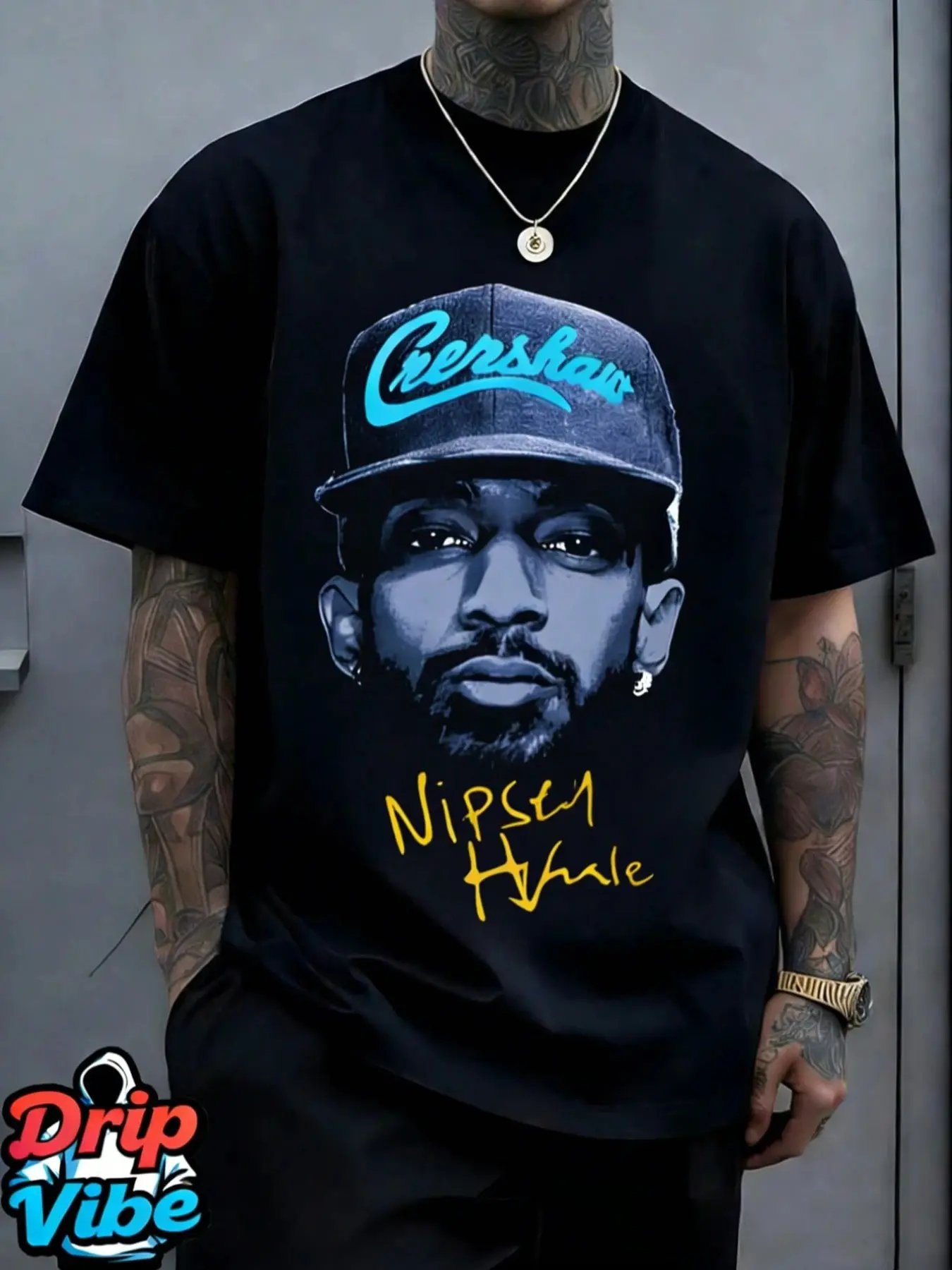 1 Men's Black Oversized Bold Graphic Tee, Nipsey Hussle Crenshaw Portrait Graphic, Hip-Hop Streetwear Casual Style, Soft Cotton, Ideal for Rap Fans & Urban Outfits, Menswear