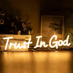 "Trust in God" Neon Light - Adjustable Brightness LED Wall Light, USB Powered Religious Lighting, Suitable for Bedroom, Living Room, and Office Decoration - Durable Plastic Construction, Monochrome LED, Wall-Mounted, Button Control, Faith-Themed Decoratio