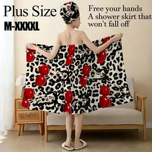 Leopard Print Red Cherry Bow Bathrobe Set with Drying Cap, Plus Size M-XXXXL, Made of Ultra-Fine Fiber Soft and Absorbent Material, Non-Slip Adjustable Shower Wrap, Multi-Purpose SPA Bathrobe, Suitable for Bathroom, Pool, Beach, and Daily Use for Women