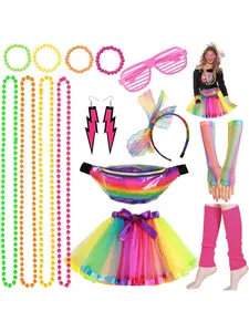 80s Costume Cosplay T-Shirt Rainbow Tutu Skirt Neon Accessories Glasses Halloween Carnival Themed Party Disco Disguise