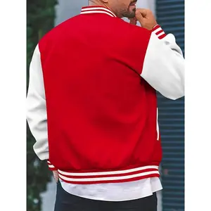 Men's Casual Varsity Jacket - Red & White Striped Baseball Collar, Long Sleeve with Pockets, Polyester Blend, Machine Washable, Perfect for Spring and Fall, Fall Jacket |   Striped Ribbed Details |   Leatherlike Finish